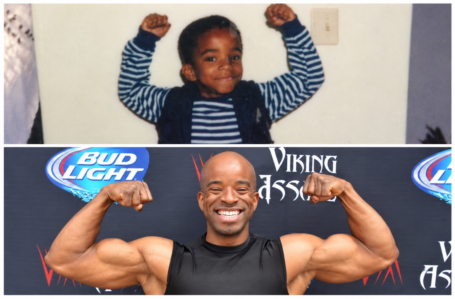 Tiko flexing his biceps as a child and as a grown man